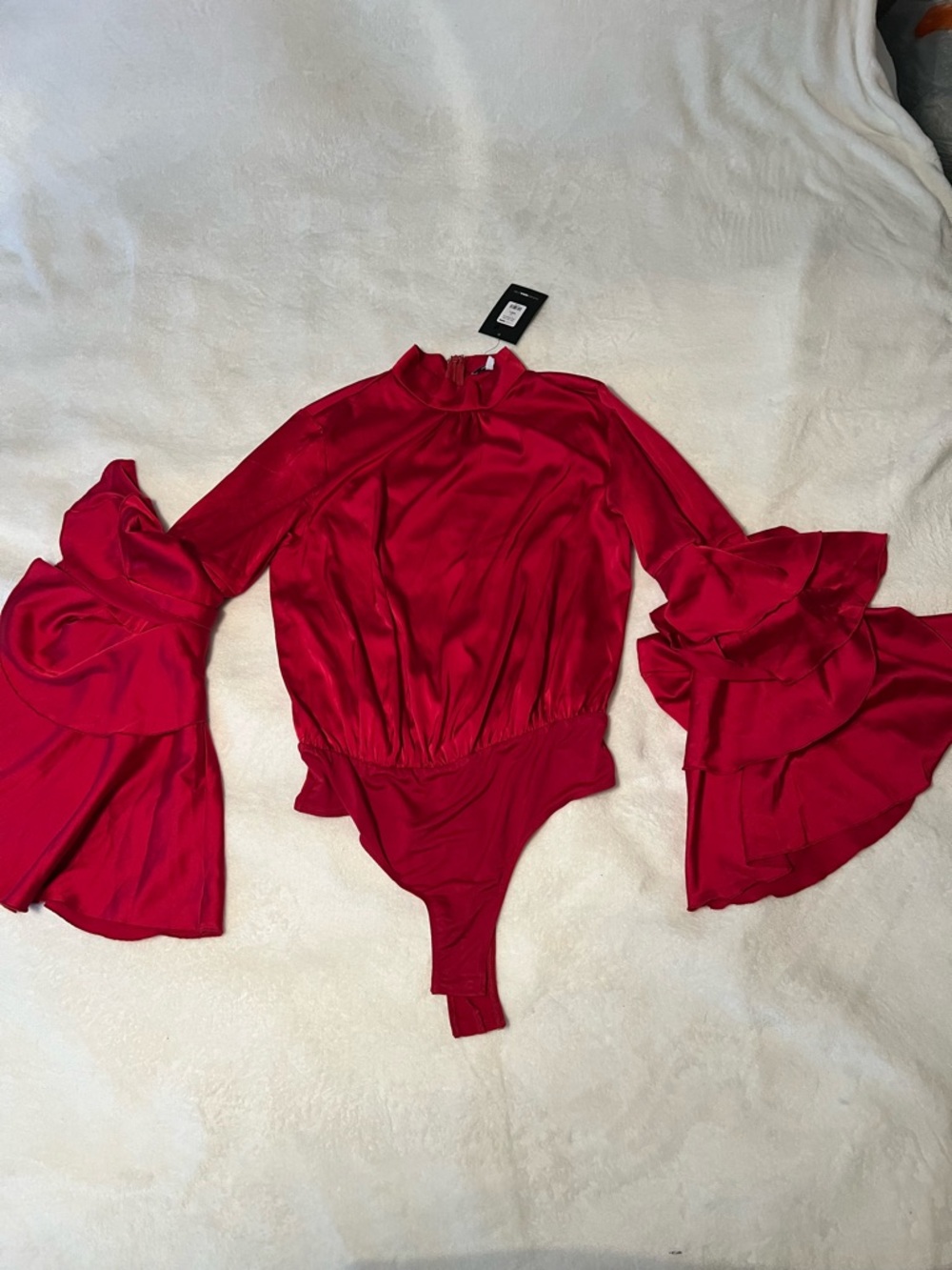 Fashion Nova Red Tiered Ruffle Sleeve Bodysuit - Picture 2 of 8
